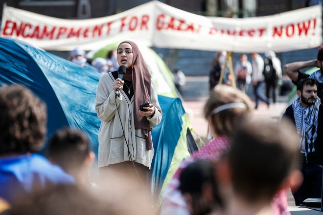 Salma Hamamy, president of U-M SAFE, which stands for Students Allied for Freedom and Equality, speaks at University of Michigan's Diag in Ann Arbor on April 22, 2024.