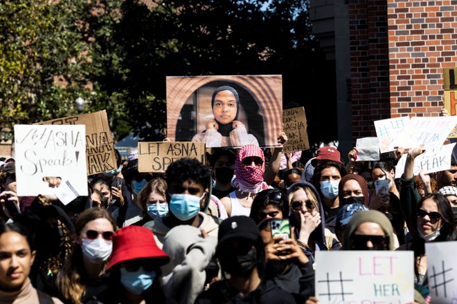 Demonstrators protest on April 18, 2024, over the cancellation of a speech by the school's valedictorian, Asna Tabassum, at the commencement ceremony, on the USC campus, in Los Angeles.

The University of Southern California said its valedictorian will no longer deliver a graduation speech this year, citing "substantial risks relating to security" over social media chatter surrounding the Israel-Hamas conflict.