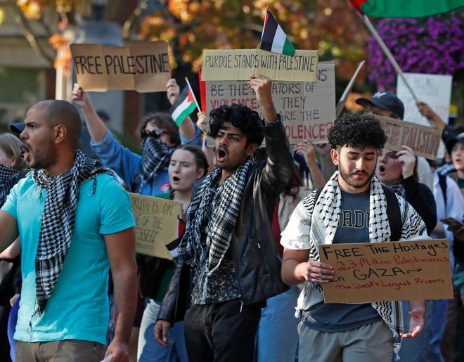Protests erupted across the U.S. shortly after the start of the Israel-Hamas war in October 2023, and they have only continued to build. Pictured here protesters march on campus at Purdue University in West Lafayette, Ind., on Oct. 12, 2023, in response to the Israel-Hamas conflict.
