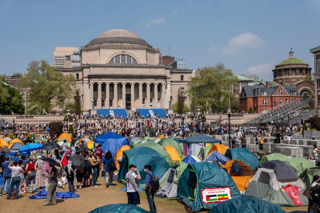 Israel-Hamas war protesters remain in an encampment on the campus of Columbia University on April 29, 2024 in New York City. Columbia University issued a notice to the protesters asking them to disband their encampment after negotiations failed to come to a resolution.
